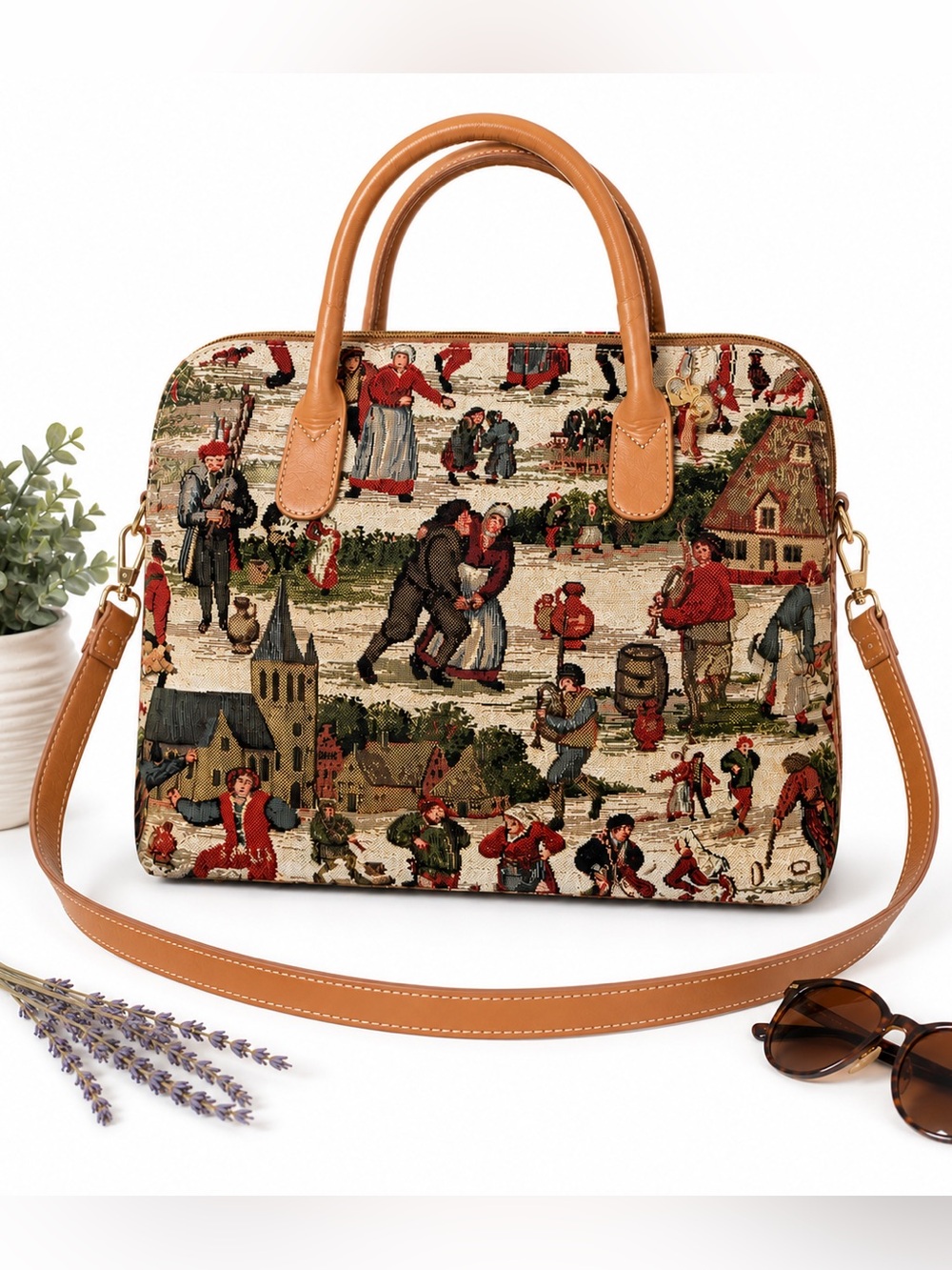 Belgian Tapestry Malta Style Shoulder Bag Bruegel Scene Satchel Bag Crossbody